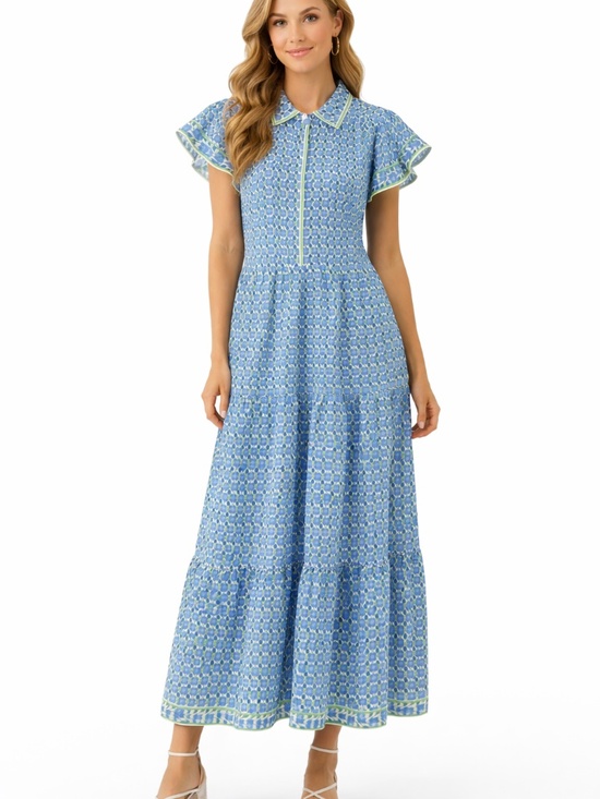 Max Studio Dresses & Skirts - Max Studio maxi dress XS blue/white floral tiered flutter sleeves button down
